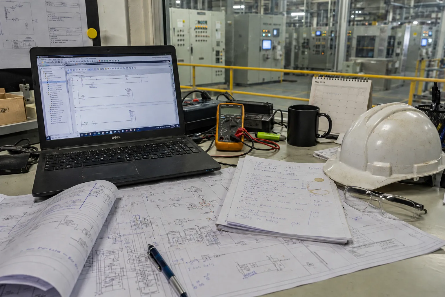 Engineering workstation with industrial automation drawings and technical planning materials