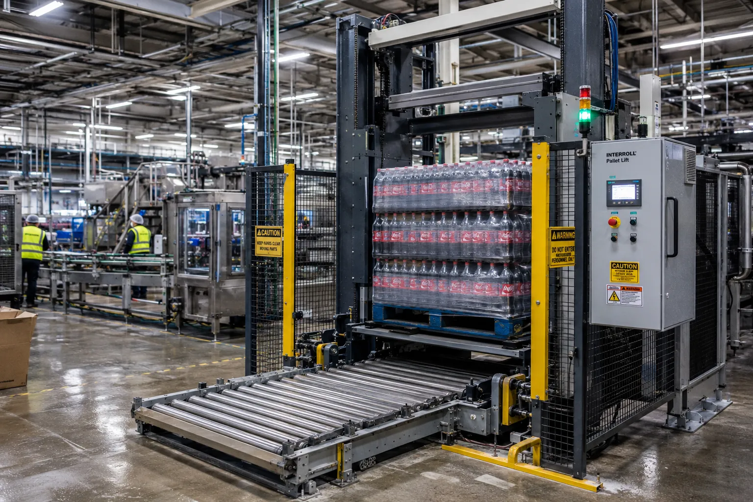 Automated pallet lift installation supporting PET line material movement