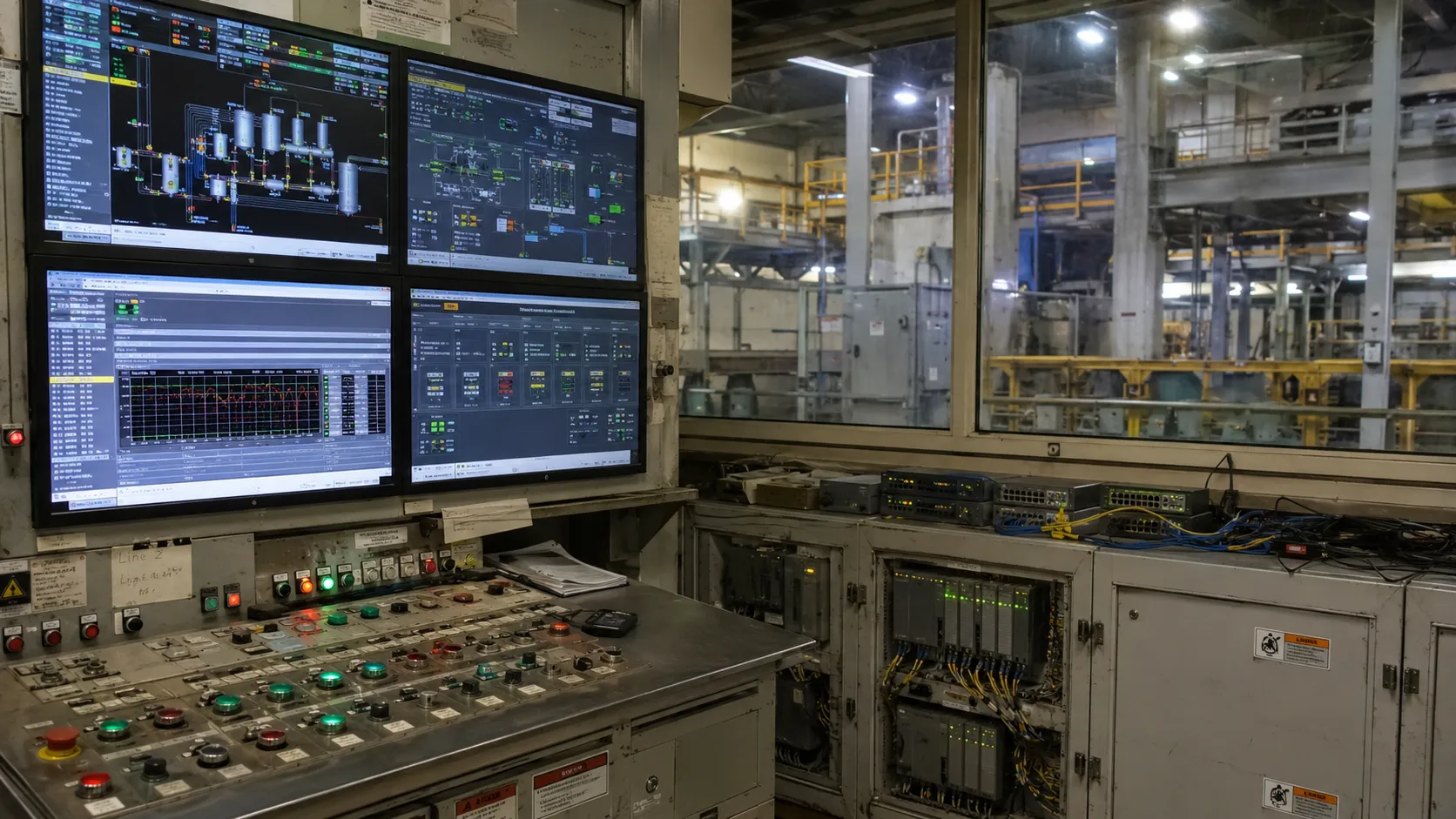 Industrial automation control room with operator workstations and monitoring screens