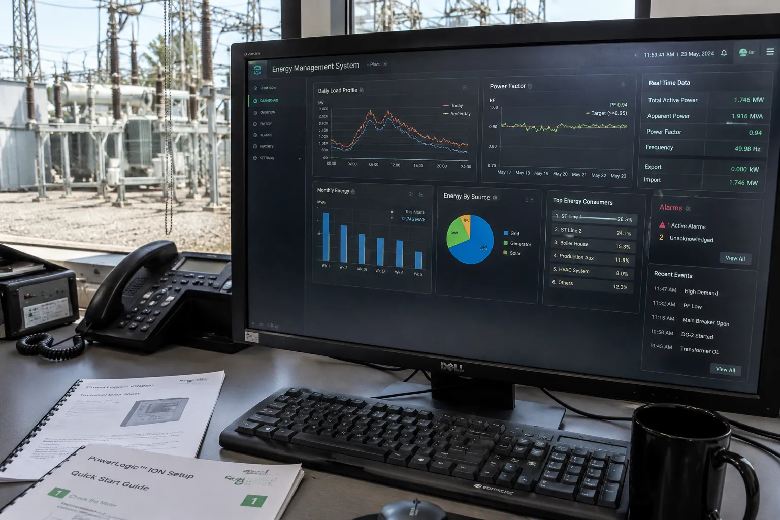 Energy management dashboard showing industrial consumption and performance data