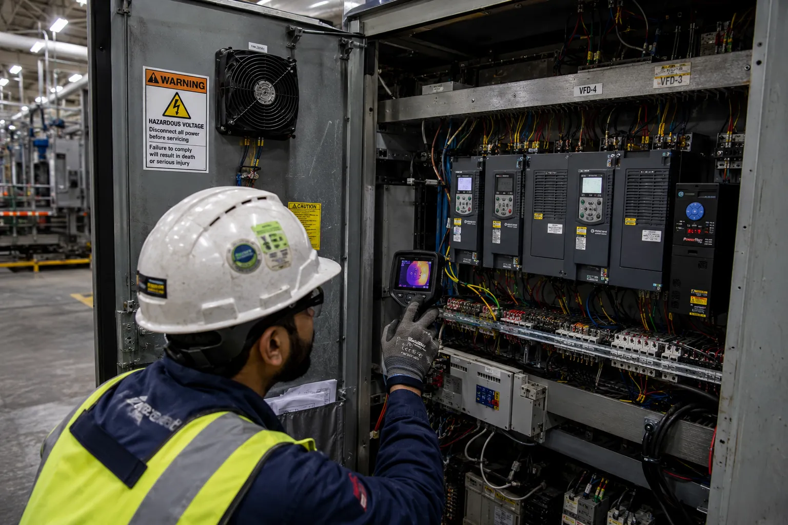 Maintenance engineer reviewing industrial technical support equipment
